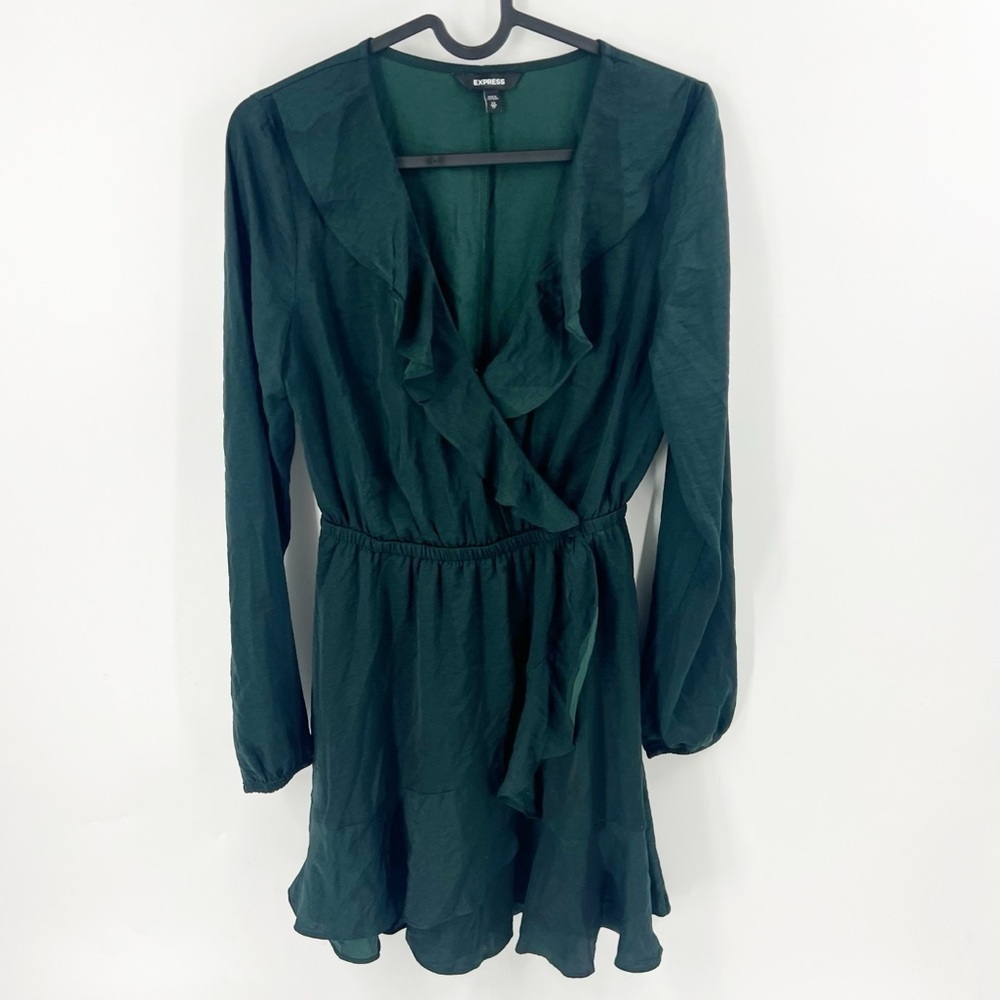 ✅ EXPRESS GREEN FAUX‎ WRAP DRESS WITH RUFFLE SIZE X-SMALL LONG SLEEVE